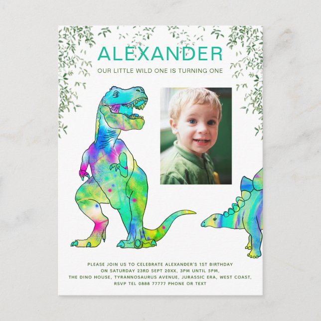 Wild One Dinosaur 1st Birthday Party Budget Invitation Postcard (Front)
