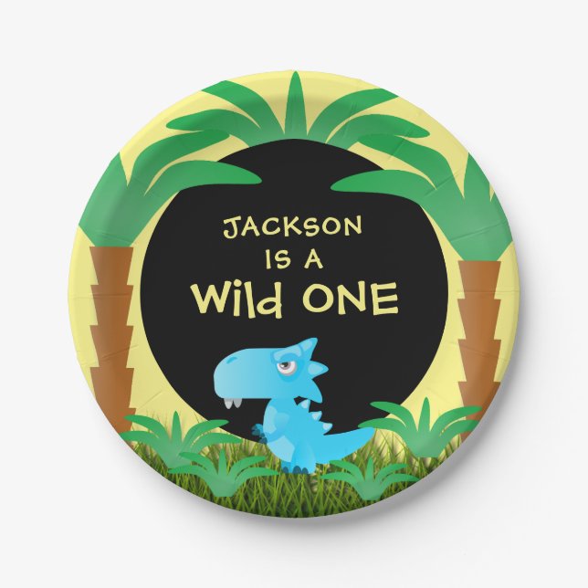 Wild ONE Dinosaur Boy First Birthday Paper Plate (Front)