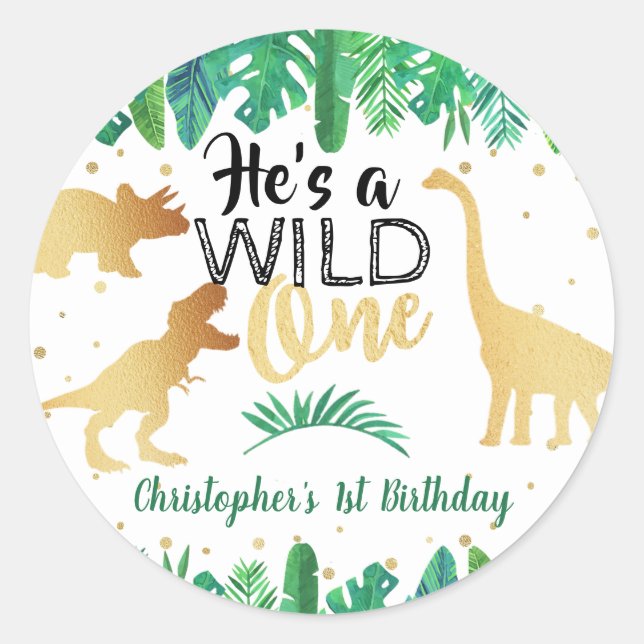 Wild One Dinosaur Boys 1st Birthday Classic Round Sticker (Front)