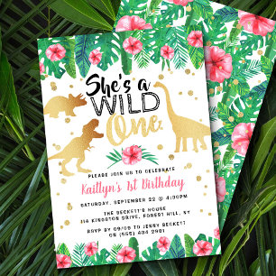 Wild One Dinosaur Girls 1st Birthday Invitation