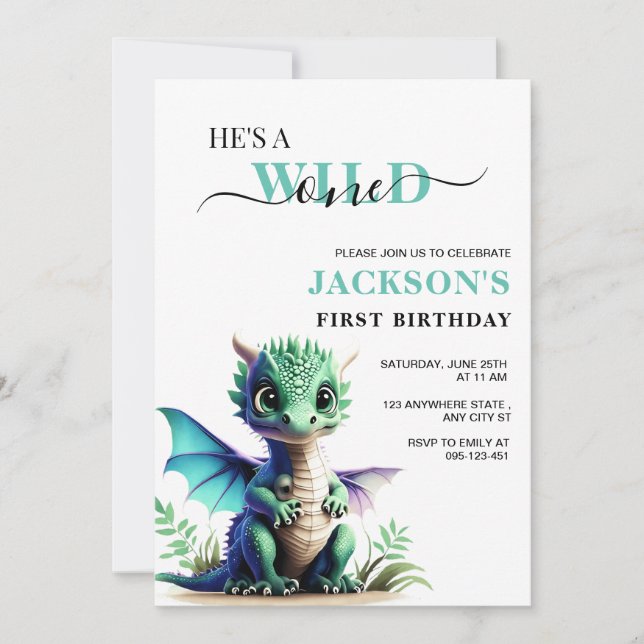 Wild one Dragon Birthday Invitation, 1st birthday Invitation (Front)