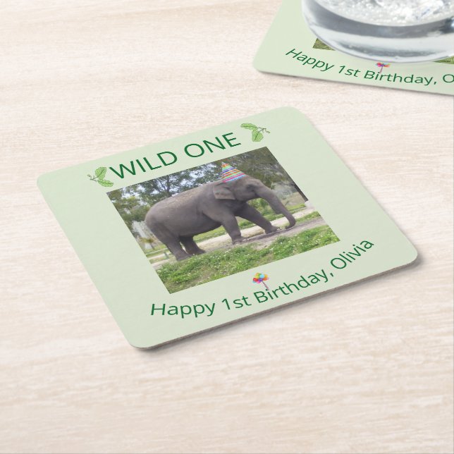 Wild One Elephant Birthday Accent Design Square Paper Coaster (Angled)