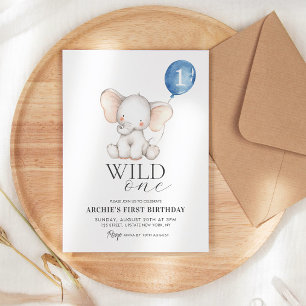Wild One Elephant Watercolor Boys 1st Birthday Invitation