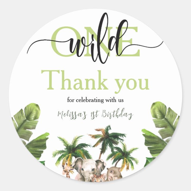 Wild One First  1st Safari Animals Birthday Party Classic Round Sticker (Front)