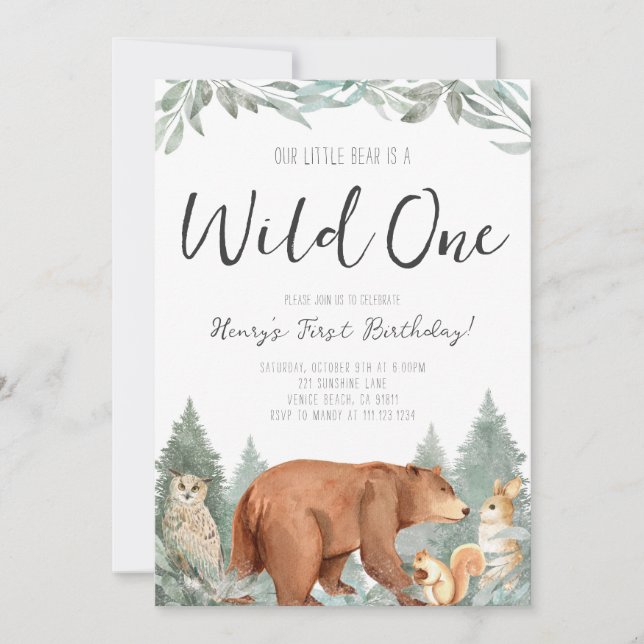 Wild One First Birthday Bear Party Invitation (Front)