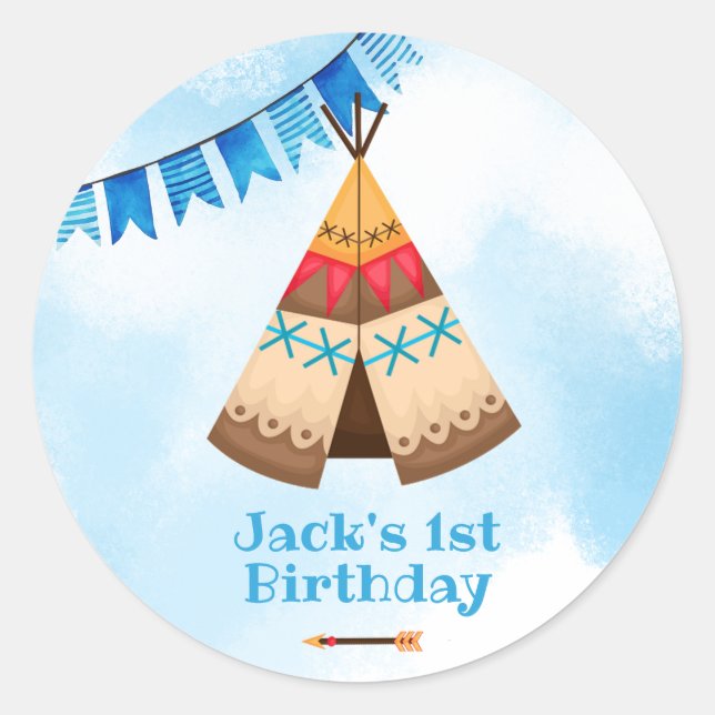 Wild one first birthday boy invitation classic round sticker (Front)