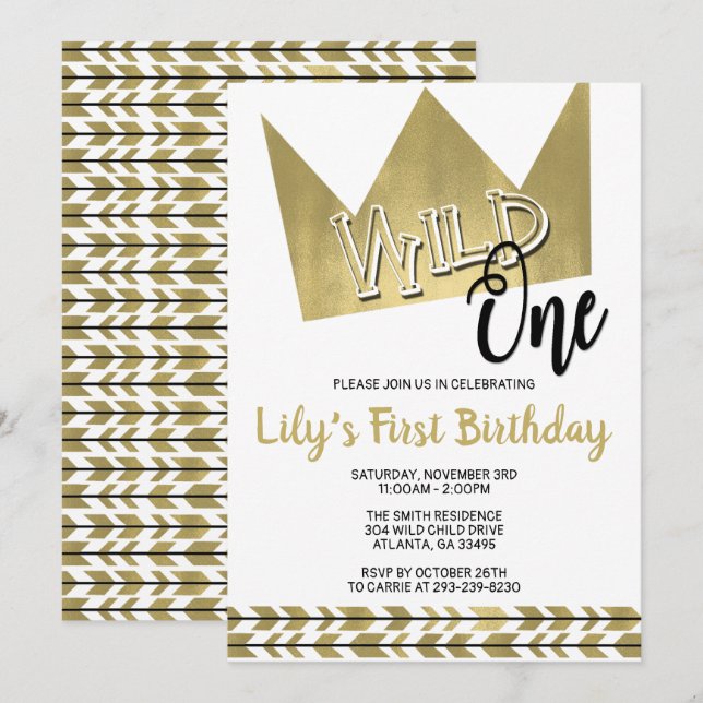 Wild One First Birthday Invitation Black & Gold (Front/Back)