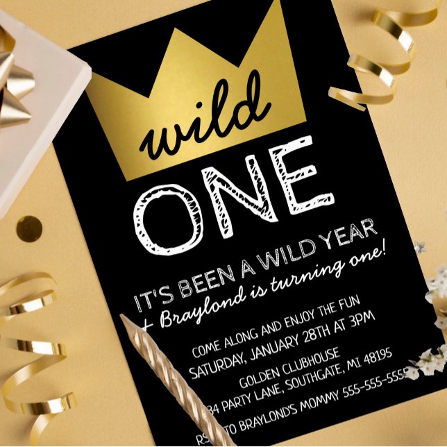 Wild One First Birthday Invitation Gold Crown (Creator Uploaded)