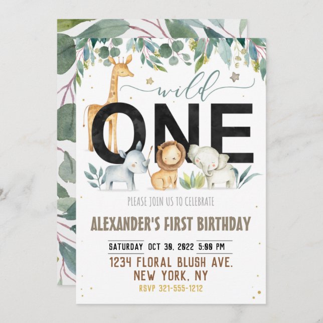 Wild One First Birthday Jungle Animals Birthday Invitation (Front/Back)