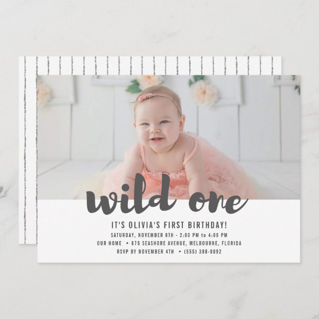 Wild One First Birthday Photo Party Invitation (Front/Back)