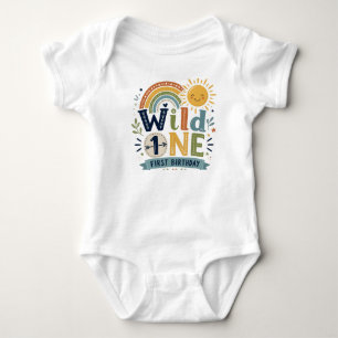 Wild One First Birthday Rainbow and Sun Party Baby Bodysuit