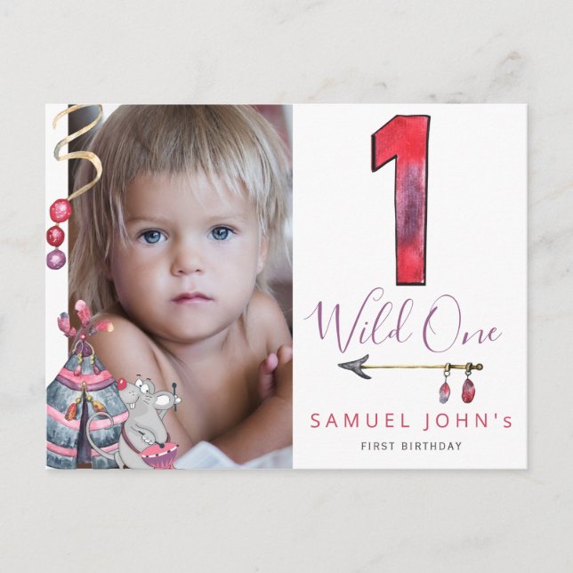 Wild One first birthday tribal PHOTO boy party Postcard (Front)