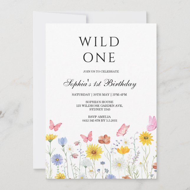 Wild One Floral Butterfly First Birthday Party  Invitation (Front)