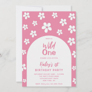 Wild One Floral Cute Baby Girl 1st Birthday Party Invitation