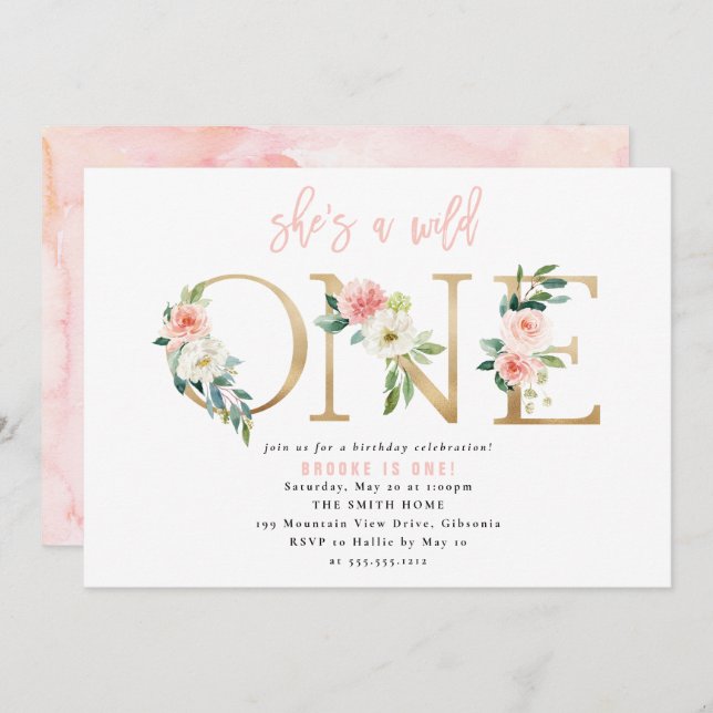 WILD ONE Floral First Birthday Invitation (Front/Back)
