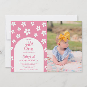 Wild One Floral Photo Baby Girl 1st Birthday Party Invitation