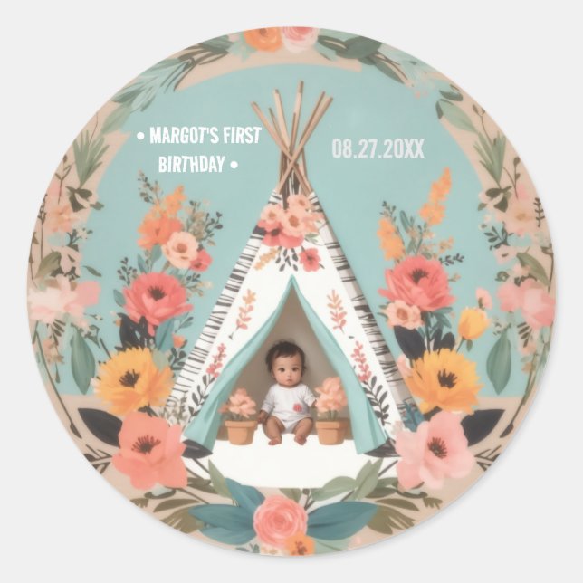 Wild One | Floral Teepee First Birthday Stickers (Front)