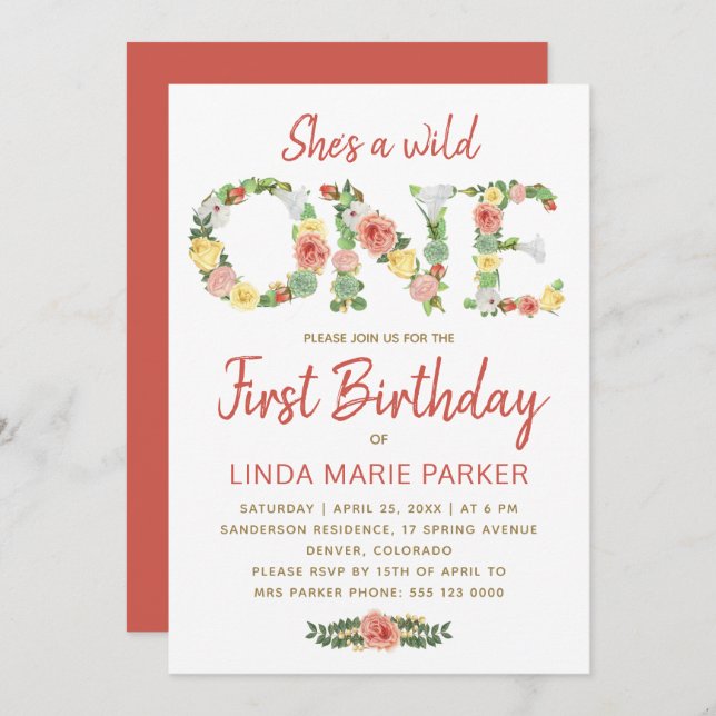 Wild ONE floral typography girl 1st birthday party Invitation (Front/Back)