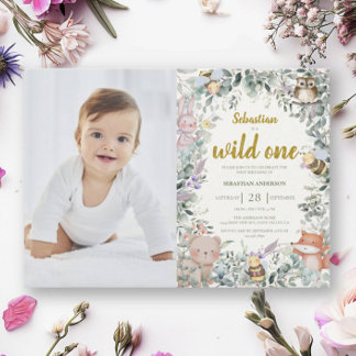 Wild One Forest Cute Animals Boho Boy 1st Birthday Invitation