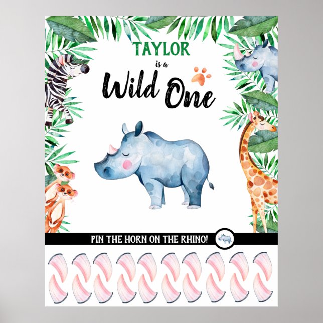 Wild One Game Safari Rhino 1st Birthday Jungle Poster (Front)