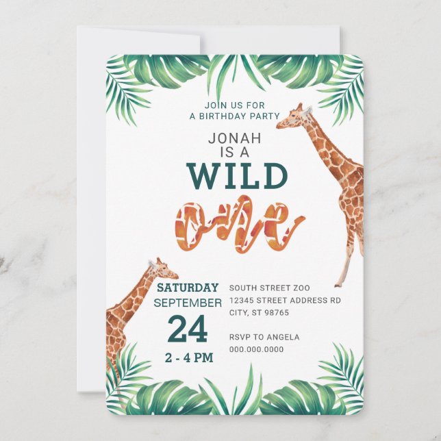 WILD ONE giraff first birthday party zoo  Invitation (Front)