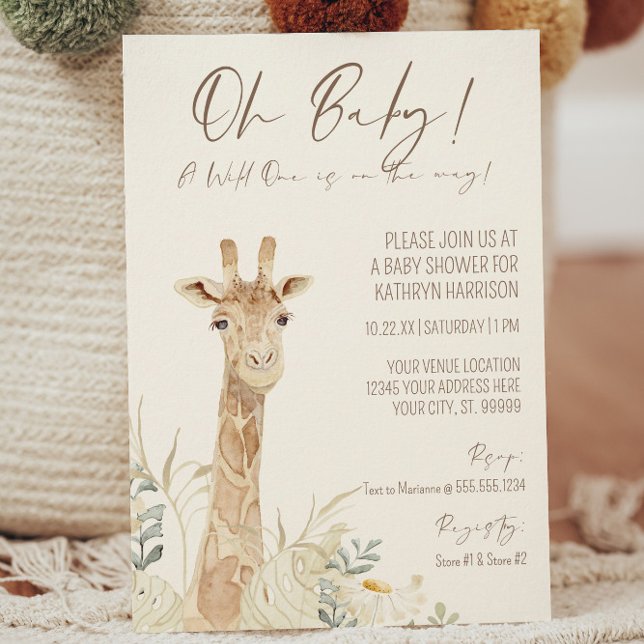 Wild One Giraffe Daisy Floral Gender Neutral Baby  Invitation (Creator Uploaded)