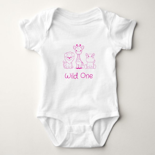 "Wild One" Giraffe, Lion, Hippo Pink Outline Baby Bodysuit (Front)