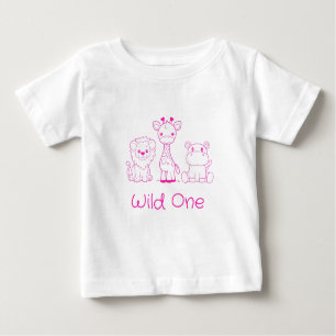 "Wild One" Giraffe, Lion, Hippo Pink Outline Baby T-Shirt