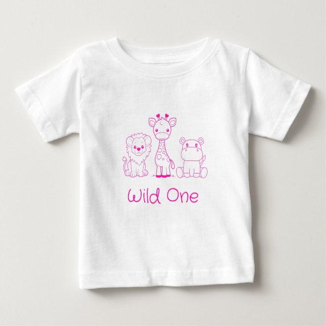 "Wild One" Giraffe, Lion, Hippo Pink Outline Baby T-Shirt (Front)