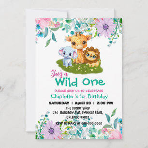 Wild One Giraffe lion jungle 1st Animals Birthday Invitation