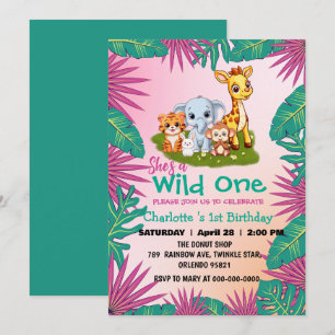 Wild One Giraffe monkey jungle 1st Animal Birthday Invitation