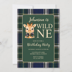 Wild One Giraffe Safari Birthday Green Navy Plaid Invitation