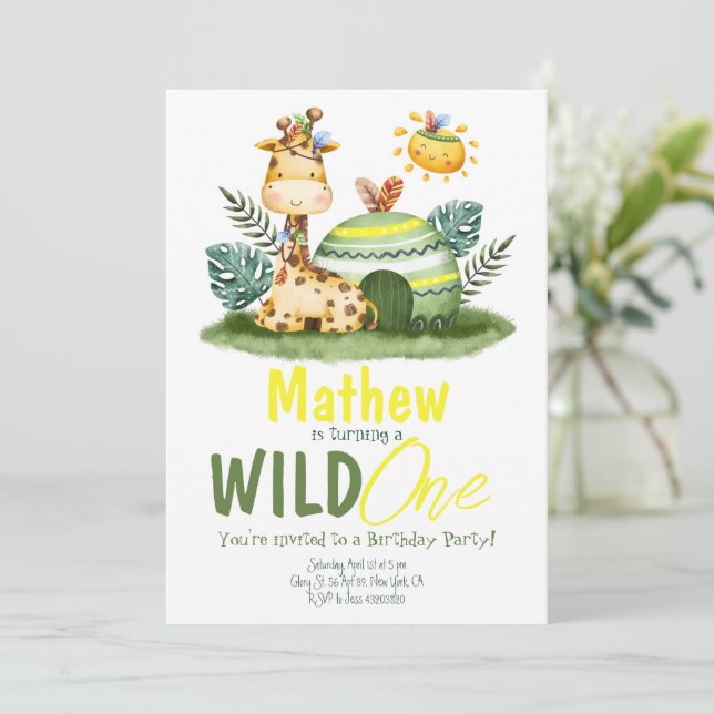 Wild One Giraffe Safari Birthday Invitation  (Standing Front)