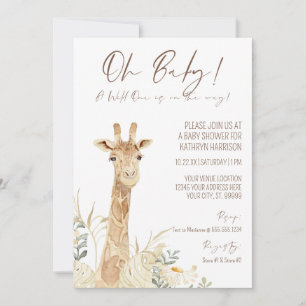 Wild One Giraffe White Floral Gender Neutral Baby  Invitation