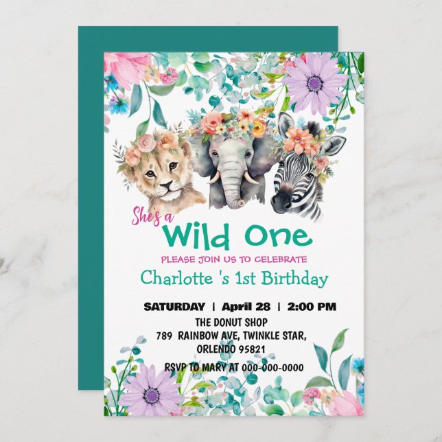 Wild One Giraffe zebra jungle 1st Animals Birthday Invitation (Front/Back)
