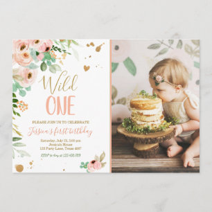 Wild One Girl 1st Birthday Invite Floral Pink Gold
