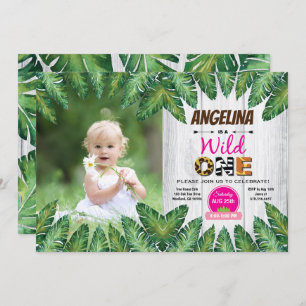Wild one girl 1st birthday party photo invitation