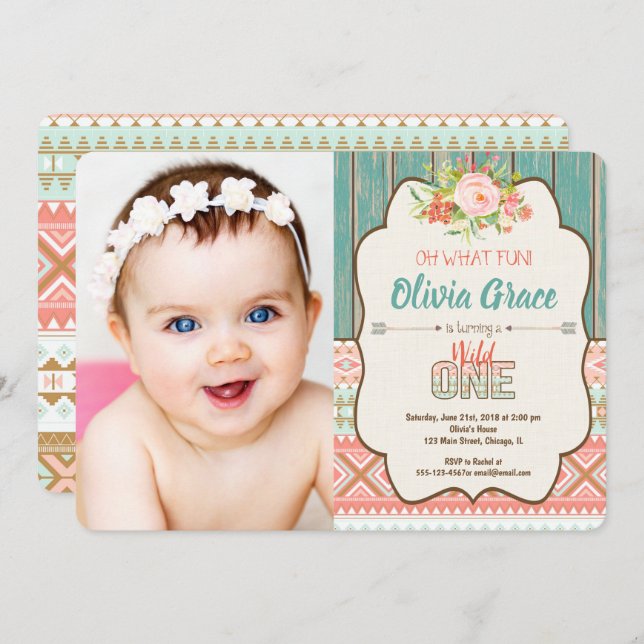 Wild one girl 1st birthday photo invitation (Front/Back)