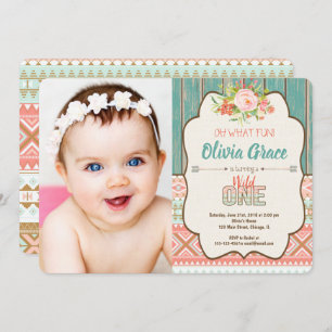 Wild one girl 1st birthday photo invitation