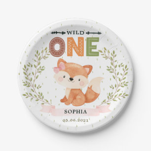 Wild One Girl Baby Fox 1st Birthday Paper Plate