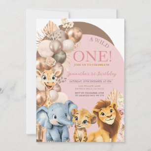 Wild One Girl Birthday Blush Gold Balloon Invitation