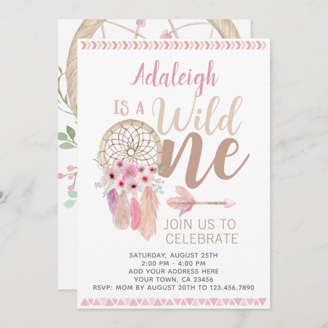 Wild One Girl Birthday Invitation, Dreamcatcher Invitation (Front/Back)