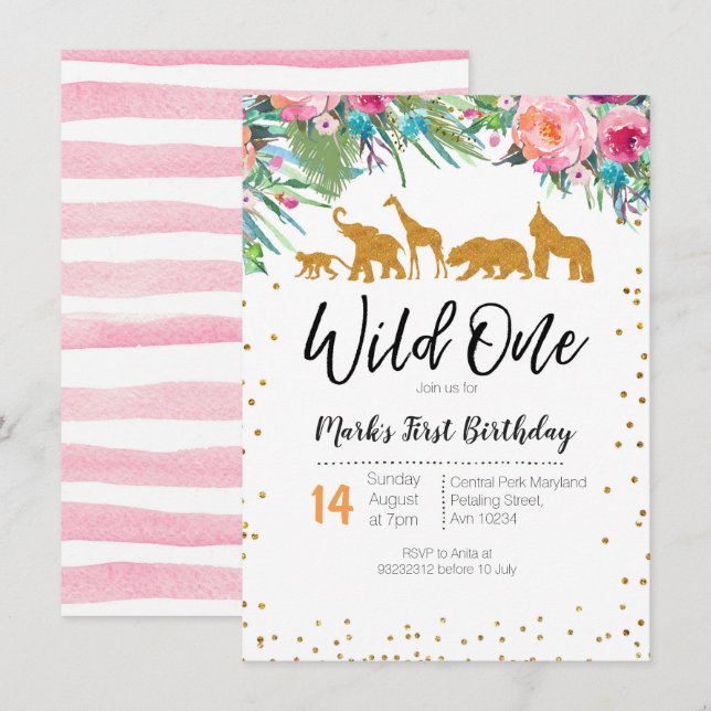 Wild One Girl Birthday Invitation Jungle Animals (Front/Back)
