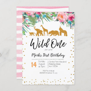 Wild One Girl Birthday Invitation Jungle Animals