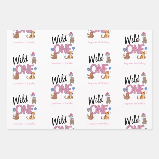 Wild One Girl First Birthday Safari Jungle Animals Wrapping Paper Sheet (Front)