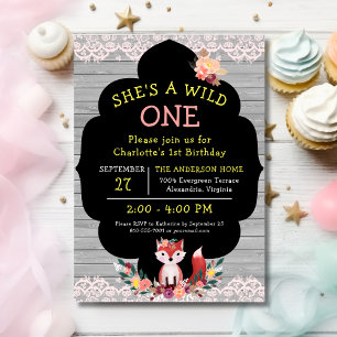 WILD ONE Girl Fox First Birthday Invitation