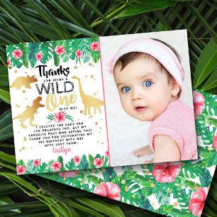 Wild One Girls Dinosaur First Birthday Photo Thank You Card