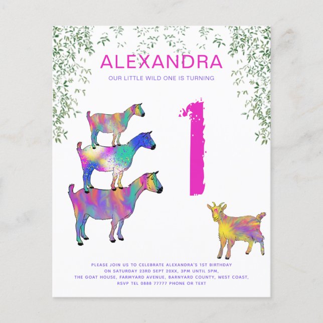 Wild One Girls Goats 1st Birthday Party Budget Flyer (Front)
