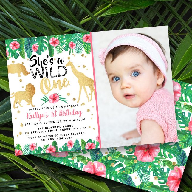 Wild One Girls Photo First Birthday Invitations (Creator Uploaded)
