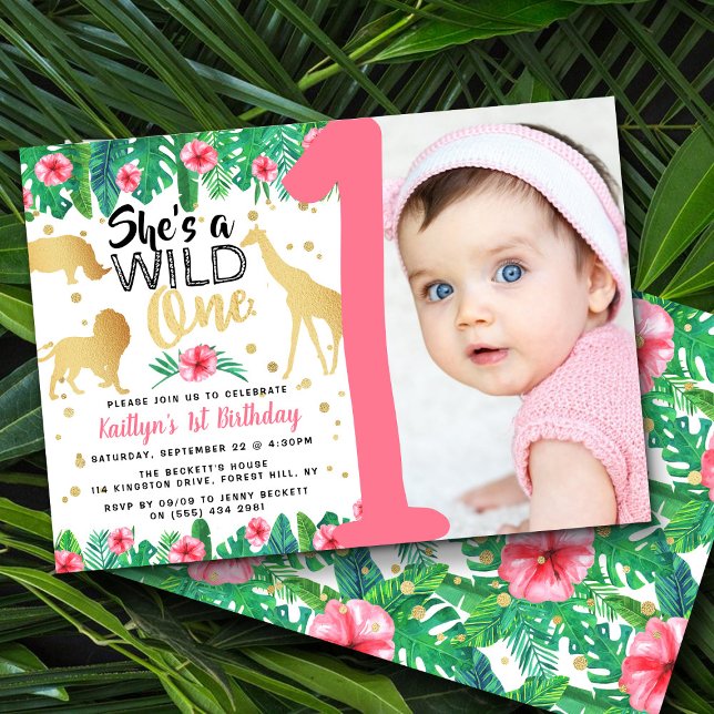 Wild One Girls Photo First Birthday Invitations (Creator Uploaded)